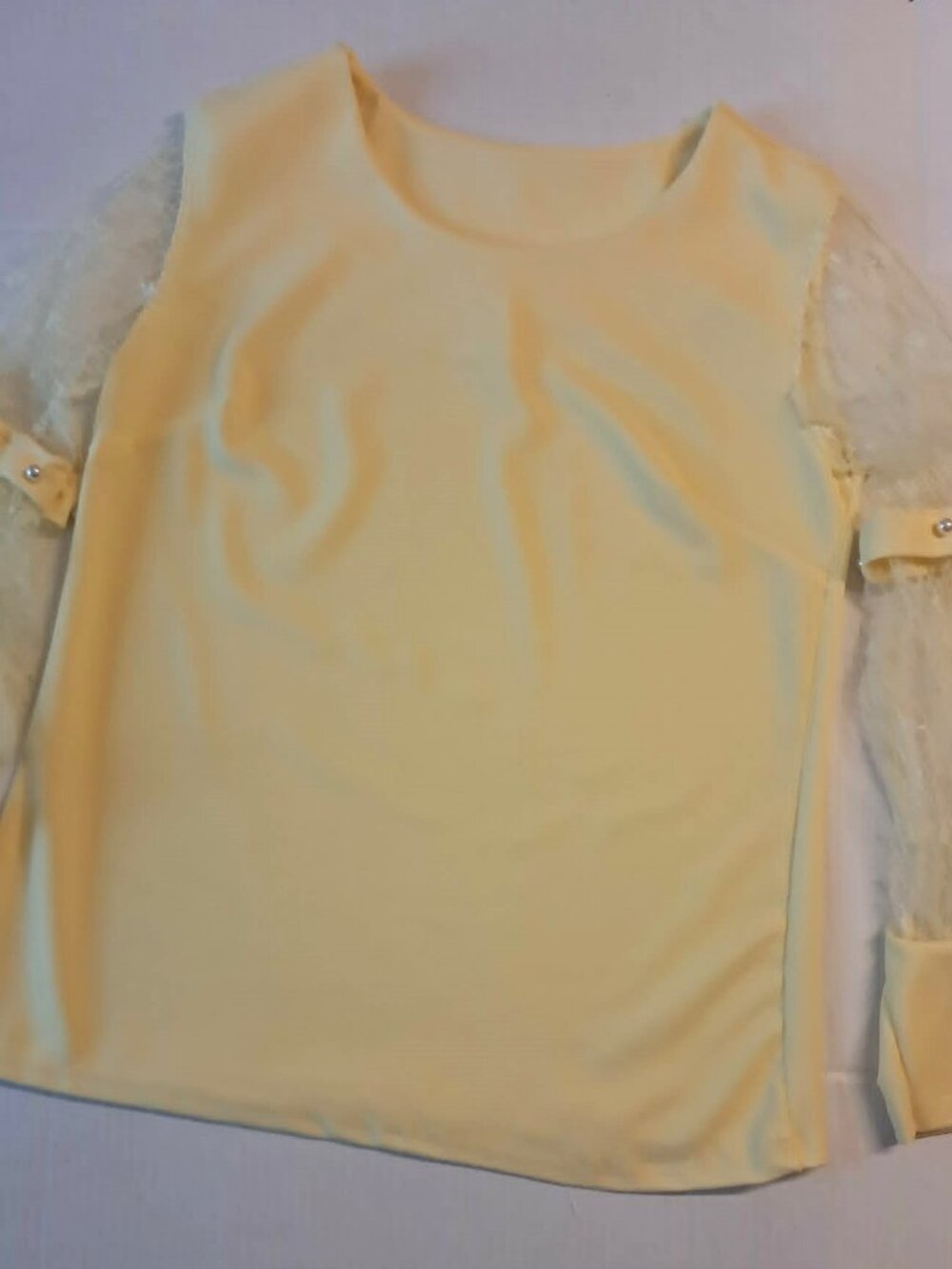 Yellow Lace Sleeve Blouse Pearl Cuff Detail Size M - Picture 5 of 8